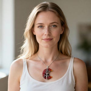 Op de afbeelding: Een zilveren ketting met een maanvormige hanger. De hanger heeft een boomontwerp met een rode en oranje edelsteenbasis en een zilveren draadboom. De vrouw draagt een witte tanktop.