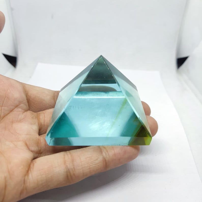 Lab Certified Sky Blue Glass Pyramid 160–180g, Handmade Healing Crystal ...