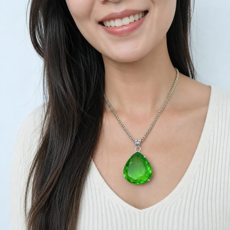 Large green emerald pendant for meditation and intention setting, heart chakra inspired spiritual necklace