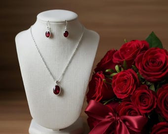 Sterling Silver Garnet Jewellery Set | Handmade Deep Red Pendant & Earrings | Perfect January Birthstone Gift for her |Handmade Gift for Her