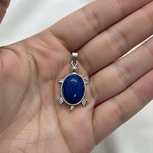 Può includere: Ciondolo a forma di tartaruga argentata con una grande pietra ovale blu scuro. Il ciondolo ha un'asola per una catena e pinne di tartaruga dettagliate. Il ciondolo è tenuto in un palmo aperto.