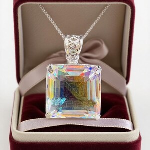 Iridescent Mystic Topaz square cut pendant necklace 50-60ct faceted rainbow crystal with free chain, spiritual jewelry for positivity and emotional balance