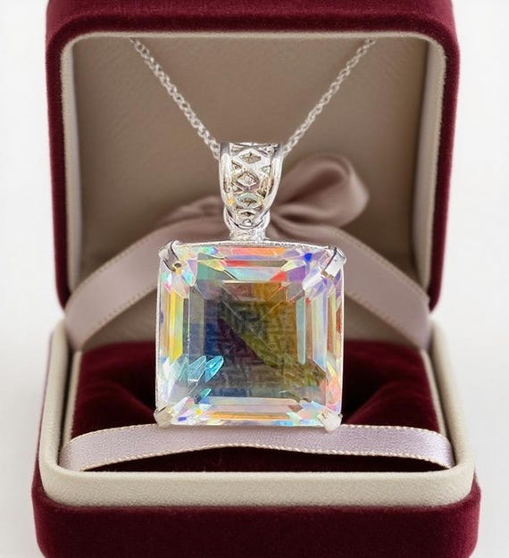 Colourful Mystic Topaz Necklace 50-60 ct Square Cut | Faceted Rainbow Gemstone Pendant with Free Chain | Healing Jewellery for Positive.