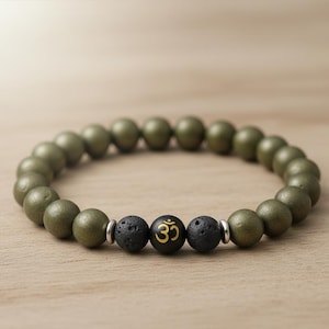 Green Lava Stone OM Bracelet, Handmade Yoga Meditation Jewelry, Aromatherapy Diffuser Bracelet for Men and Women, Spiritual Boho Gift