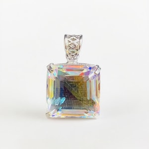 Square cut Mystic Topaz faceted pendant necklace 50-60ct rainbow iridescent gemstone with free silver chain, healing jewelry for energy and balance