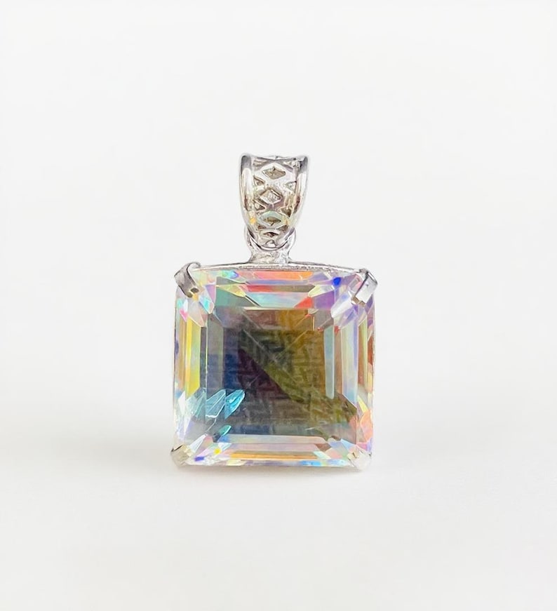 Square cut Mystic Topaz faceted pendant necklace 50-60ct rainbow iridescent gemstone with free silver chain, healing jewelry for energy and balance