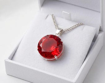Handmade Round Ruby Pendant Necklace 90–100Ct Natural Red Gemstone Sterling Silver Large Faceted Burma Ruby Statement Jewelry for Love