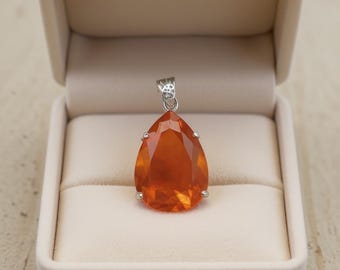 Natural Orange Opal Pendant Necklace 80-90ct Pear Faceted Fire Opal Teardrop Silver Plated Bezel Boho Statement Gift