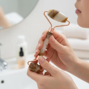 Puede incluir: Un rodillo facial con una piedra marrón y blanca y un marco de metal color oro rosa. El rodillo se sostiene cerca de la cara de una persona, lo que sugiere su uso para el cuidado de la piel. El fondo incluye un entorno de baño.