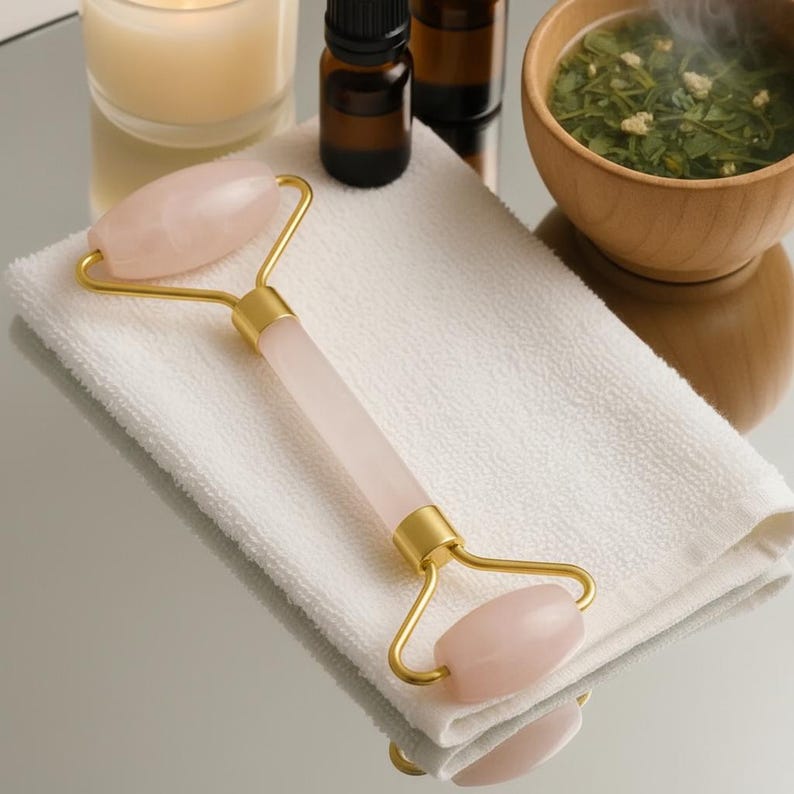 Soft pink rose quartz facial roller with gold frame for self care and beauty gift