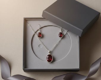Garnet Jewelry Set, Sterling Silver Pendant & Earrings, January Birthstone, Deep Red Oval Faceted, Root Chakra Gift