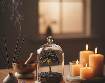 Black Tourmaline Crystal Tree in Glass Dome | Handmade Protection Energy Cleansing Decor | EMF Shield,Grounding Root Chakra | Spiritual Gift