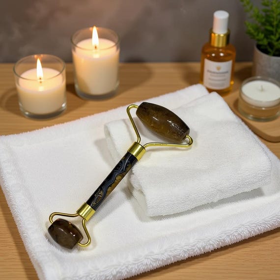 Tiger’s Eye Face Roller | Natural Gemstone Facial Massager | Gold Plated Double Ended De Puff Tool | Skincare Gift