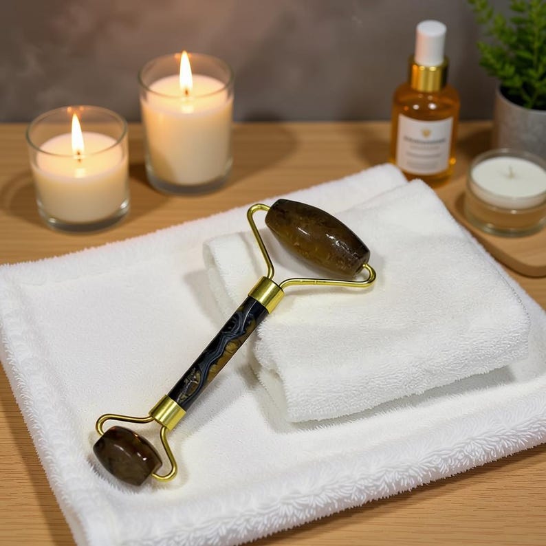 tiger’s eye face roller with gold plated frame dual ended gemstone facial massager for skincare routine