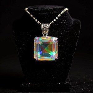 Mystic Topaz colorful square pendant necklace 50-60ct faceted gemstone with free chain, energy crystal jewelry for positivity and chakra alignment