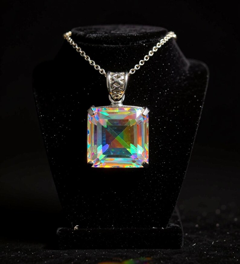 Mystic Topaz colorful square pendant necklace 50-60ct faceted gemstone with free chain, energy crystal jewelry for positivity and chakra alignment