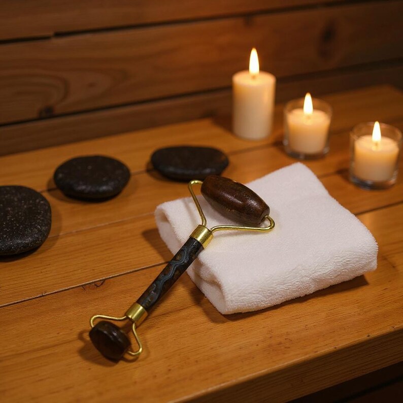 dual ended tiger’s eye facial roller tool for under eyes and nose area massage