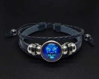 Handmade Leo Zodiac Leather Bracelet Adjustable Astrology Jewellery Round Leo Charm Gift for Men Women Horoscope Spiritual Accessory