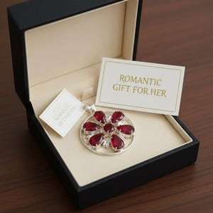 Peut inclure: Un pendentif argenté en forme de fleur, orné de pierres précieuses rouges, présenté dans un coffret cadeau noir avec un intérieur crème. La boîte contient une carte avec l'inscription "ROMANTIC GIFT FOR HER".