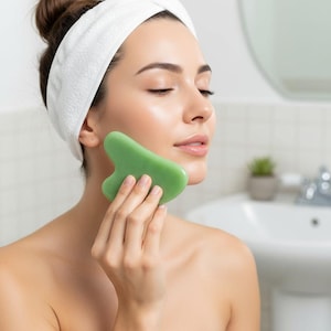 Op de afbeelding: Een persoon gebruikt een groene jade gua sha tool op hun wang. De persoon draagt een witte hoofdband en is gewikkeld in een witte handdoek. De achtergrond omvat een wastafel en een kleine plant.