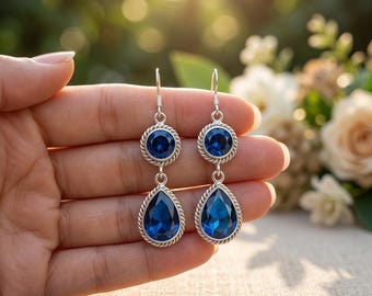 Elegant Blue Sapphire Teardrop Earrings in Sterling Silver, Royal Blue Round + Pear Drop Dangle, September Birthstone Jewelry Gift for Her