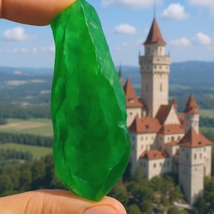 Peut inclure: Une pierre précieuse verte translucide et vibrante, tenue devant un château et un ciel bleu. La pierre a une forme irrégulière et rugueuse, le château a des toits rouges et plusieurs tours.