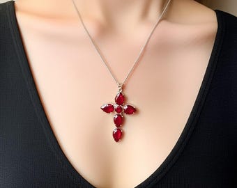 Natural Red Ruby Cross Pendant 45-50 Ct, 5 Pear Cut Stones, Spiritual Healing Necklace, Christian Jewellery Gift with Free Chain