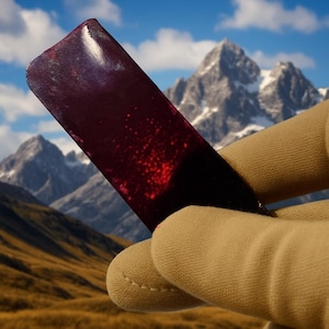 Può includere: Un oggetto rettangolare, viola scuro, con finitura lucida e macchie rosse. L'oggetto è tenuto da una mano guantata, con una catena montuosa e cielo blu sullo sfondo.