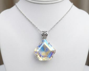 Mystic Topaz Diamond Shape Pendant 50–60 ct | Iridescent Rainbow Necklace | Energy Healing Meditation Jewelry | Free Chain