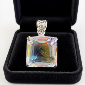 Large 50-60 carat Mystic Topaz square cut faceted gemstone necklace with silver chain, rainbow crystal healing jewelry for aura protection and meditation