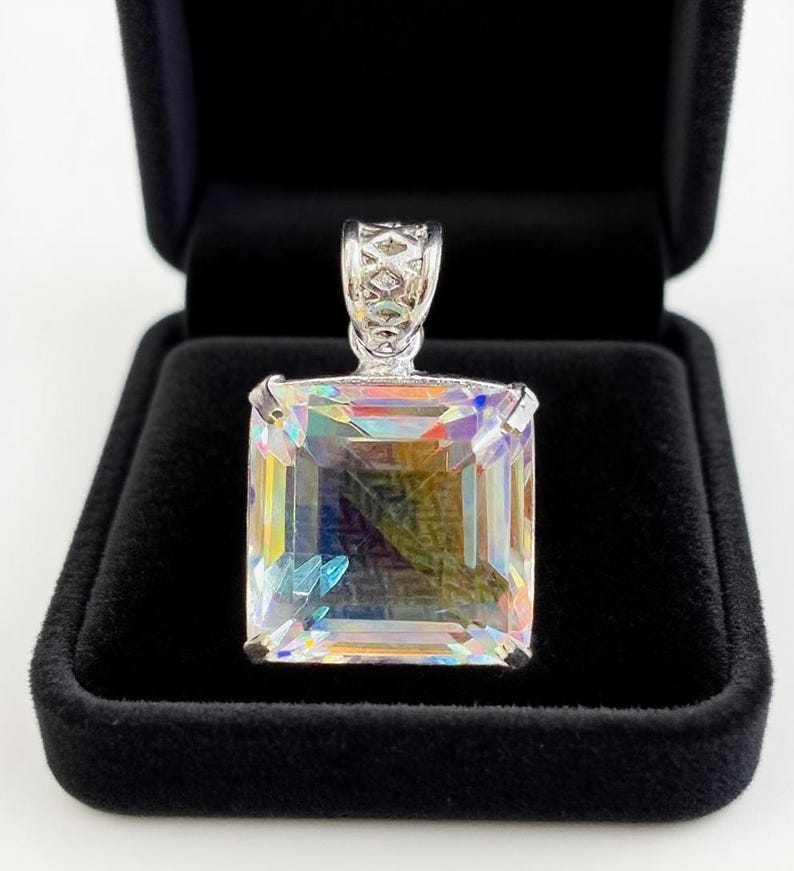 Large 50-60 carat Mystic Topaz square cut faceted gemstone necklace with silver chain, rainbow crystal healing jewelry for aura protection and meditation