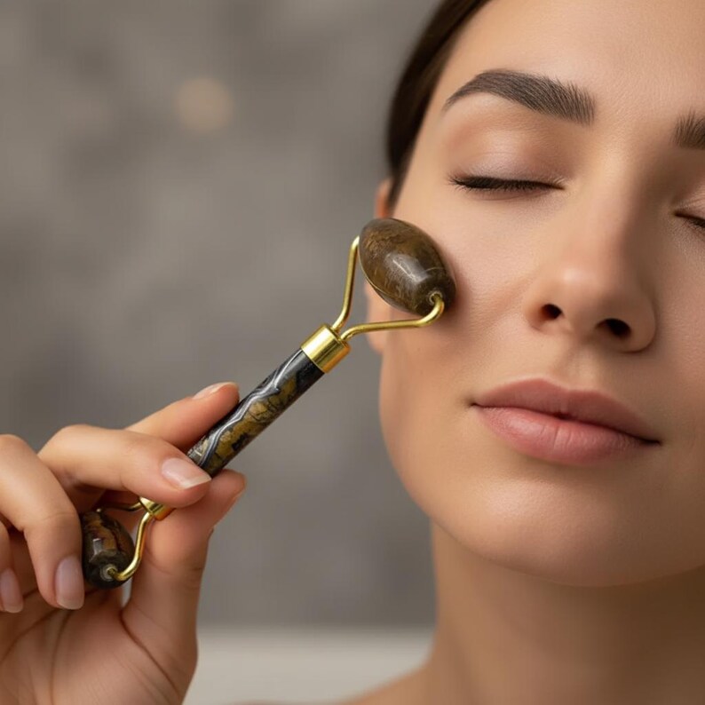 tiger’s eye face roller gemstone beauty tool for jawline neck and cheek massage