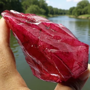 May include: A large, raw ruby gemstone with a deep red color. The rough-cut stone has a crystalline structure and is held in a hand, with a blurred background of a river and trees.