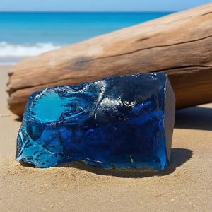 Puede incluir: Un gran trozo de vidrio azul oscuro de forma irregular se encuentra en una playa de arena, con un trozo de madera flotante en el fondo. El vidrio tiene una cualidad translúcida, reflejando la luz del sol y el azul del océano.