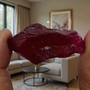 May include: A large, raw ruby gemstone with a deep red color. The rough, uncut stone has a textured surface and is held between two fingers. The background shows a living room with furniture and a painting.