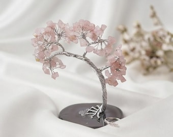 Árvore da Vida em Cristal de Quartzo Rosa, Bonsai de Árvore dos Desejos Feito à Mão, Folhas de Gema Rosa Suave AAA++ em Fio de Cobre, Decoração para Cura do Chakra Cardíaco
