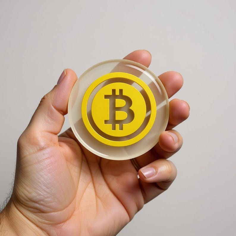 Physical Bitcoin token resin coin displayed on a modern office desk as a luxury financial abundance manifestation accessory.