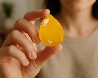 May include: A teardrop-shaped, translucent, yellow gemstone is held between fingers. The gem has a faceted surface that reflects light, creating bright highlights. The background is blurred, focusing attention on the polished stone. The gem's color is a vibrant, sunny yellow.
