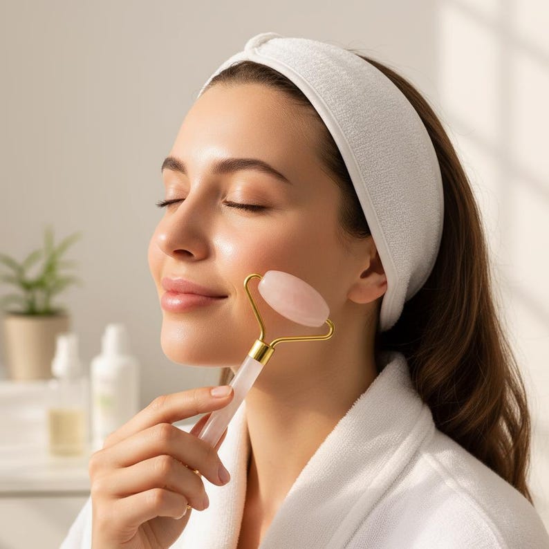 Gold frame rose quartz roller displayed as aesthetic vanity skincare accessory