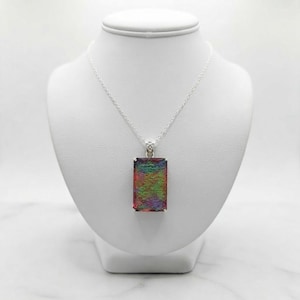 Lab Created Monarch Opal Pendant Necklace, Rainbow Bi Color Opal Jewelry, Rectangular Cabochon Silver Tone Necklace