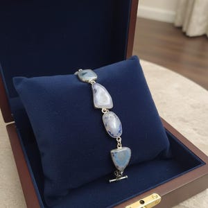 Stunning 80 Carat Natural Dendrite Agate Link Bracelet | Sterling Silver Toggle | Unique Blue/White Agate Slice Statement Jewellery Stone.