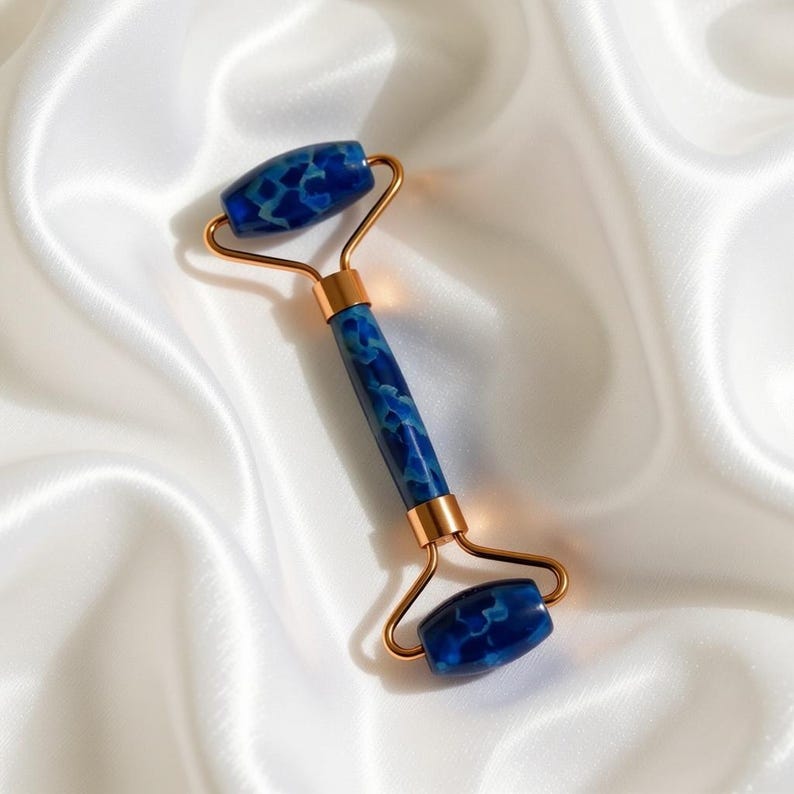 Dual end crystal facial roller lapis lazuli, large and small roller heads for face and under eye massage