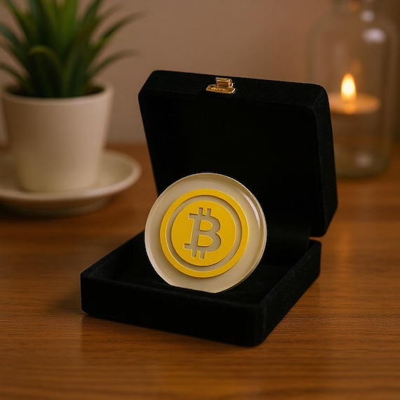 Handmade Bitcoin Resin Coin 2 Inch, Physical BTC Token Yellow Clear Desk Display, Crypto Collector Gift for Him, Financial Abundance