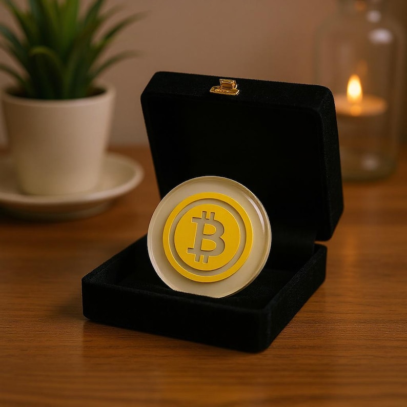 Top-down view of a 2-inch round handmade clear resin Bitcoin coin with a vibrant yellow BTC symbol inset on a clean background.