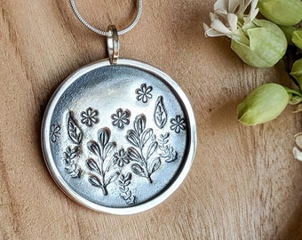 Sterling silver botanical disc necklace, unique nature themed silver pendant (larger size), luxury gift for her