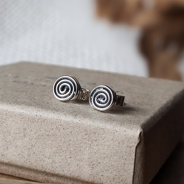 Sterling silver spiral stud earrings, handmade dainty everyday silver earrings
