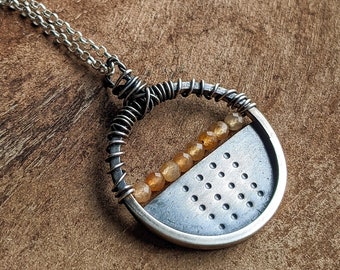 Sterling silver and citrine modern pendant, handmade abstract silver wire wrapped gemstone necklace, gift for wealth & abundance