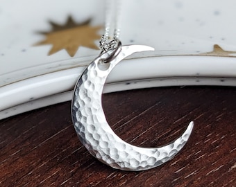 Silver textured crescent moon necklace, simple sterling silver moon pendant, easy gift for women