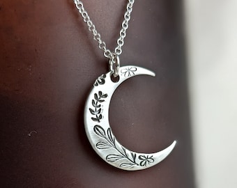 Sterling silver crescent moon necklace, hand stamped botanical moon pendant on 18 inch silver chain, gift for moon lover