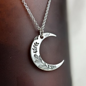 Sterling silver crescent moon necklace, hand stamped botanical moon pendant on 18 inch silver chain, gift for moon lover